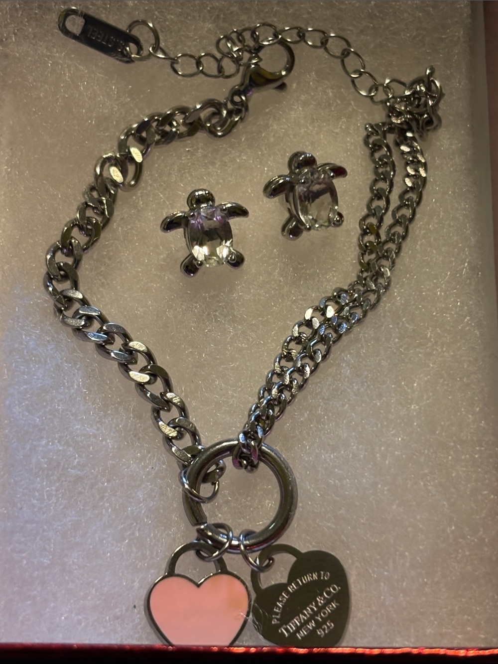 Silver Charm Bracelet with Pink Heart and Turtle Studs